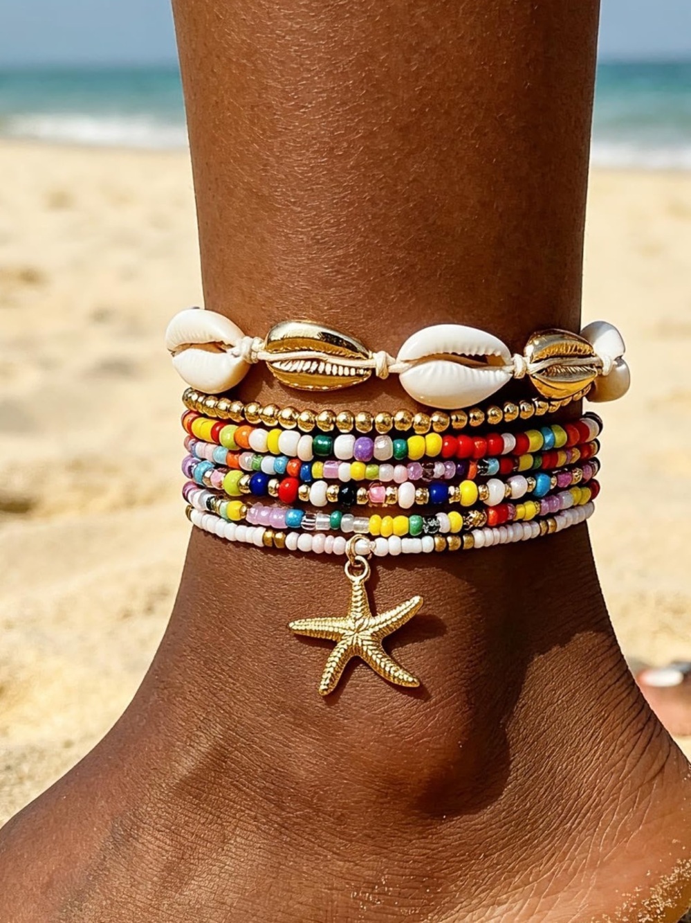 Anthropologie Gold Starfish & Multicolor Beaded Shell Bracelet Stack